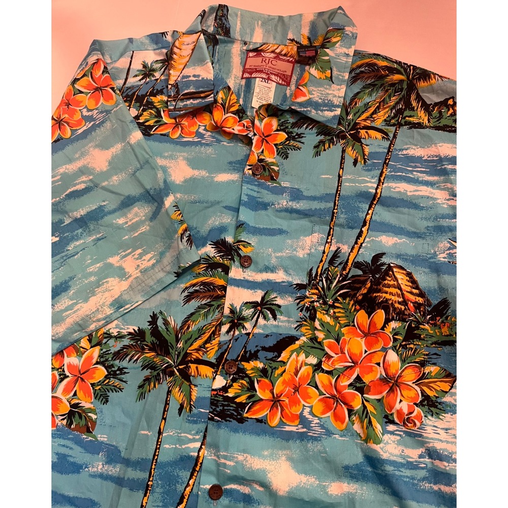 RJC Hawaiian Shirt Mens 2XL Blue Tropical Palm Tree Hibiscus Aloha Made in USA